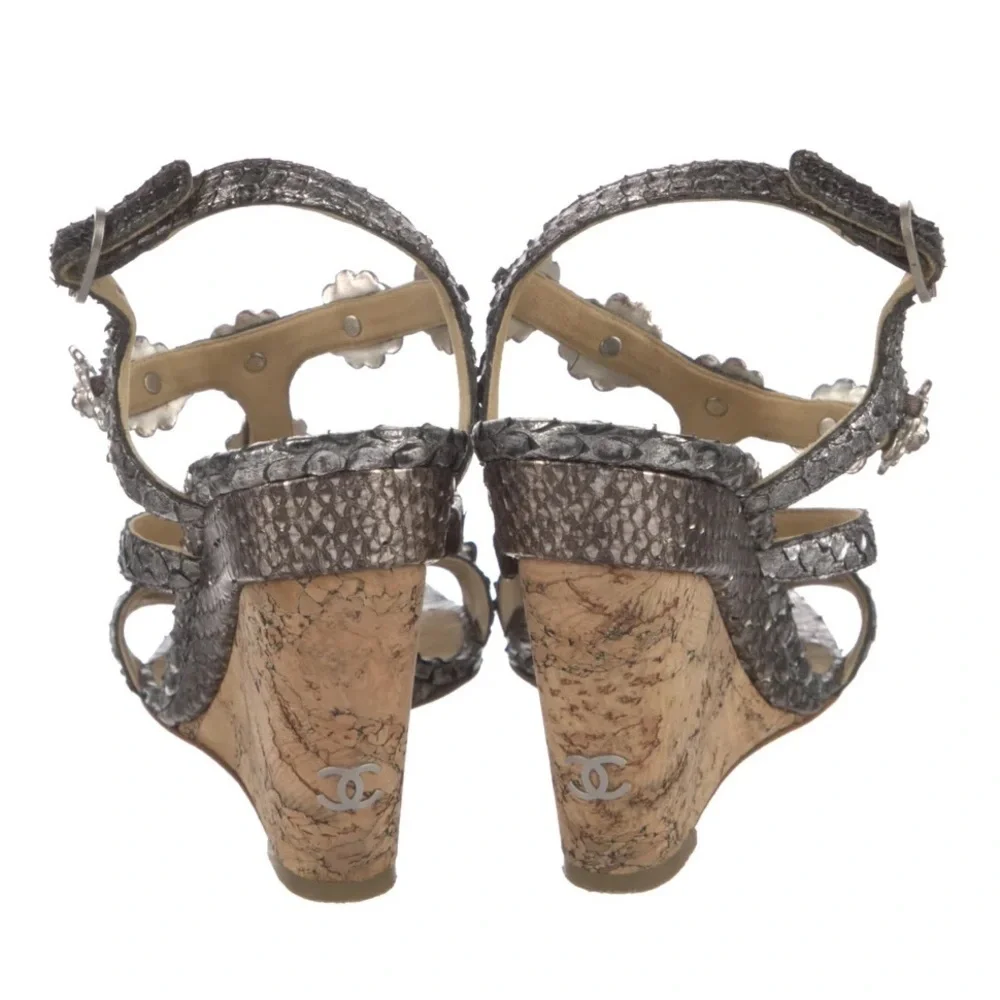 Chanel Interlocking CC Logo Cruise 2012 Python Silver Cork Wedge Sandals